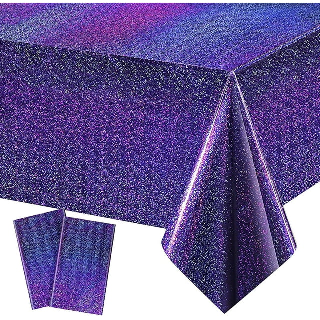 SINGOMON 2PCS Purple Table Cloth Glitter Purple Tablecloth Glitter Laser Disposable Tablecloth Waterproof Tablecloth Plastic Table Cloths Rectangular Table Covers for Purple Birthday Decorations
