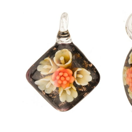 Italian Murano Glass Flower - Cream Trumpet Blown Base Rhombus Lampwork Glass Pendant 47x13mm Handmade Murano Inner Flower And Lampwork Glass Pendant (3pcs Bundle), SAVE $2