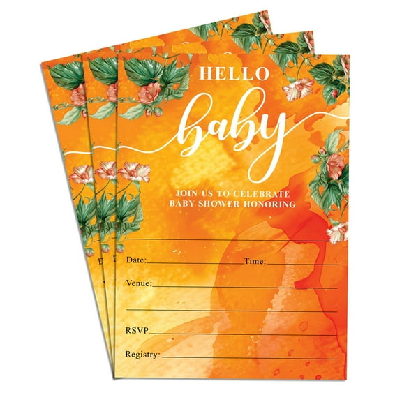 Hello Baby Orange Charming Baby Shower Invitation Elegant & Fun Designs for Boy & Girl 30 Card Perfect for Baby Celebration 4x6 in