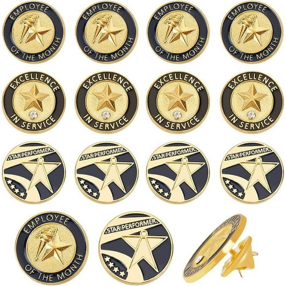 15Pcs 3 Style Employee of The Month Lapel Pin 20.5mm Encouraging Word Brooches Alloy Enamel Star Brooches Pins Gold Black Brooch Pins Being Jewelry