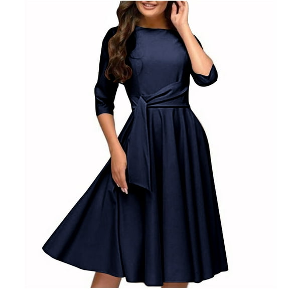 IROINNID Long Sleeve Dress for Women Long Sleeve Waist in Round Neck Ladies Tops dress Sales,Dark Blue