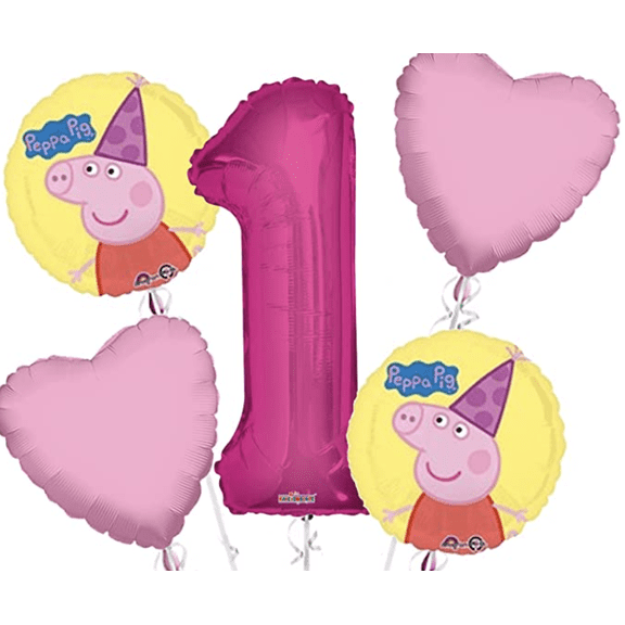 Peppa Pig Balloon Bouquet 1st Birthday 5 pcs - Party Supplies Pink