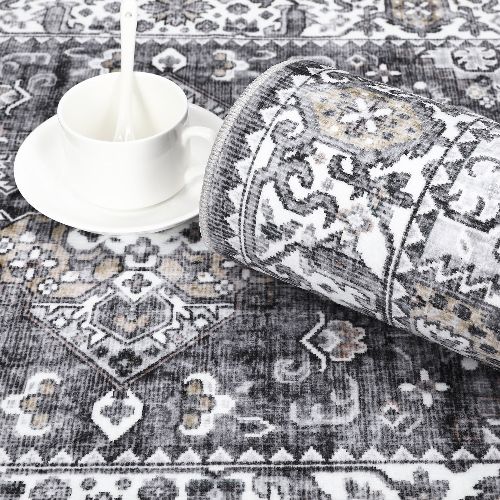 HOMERRY Large Gray Rug 9' x 12' Area Rug for Living Room Boho Vintage Floral Indoor Carpet