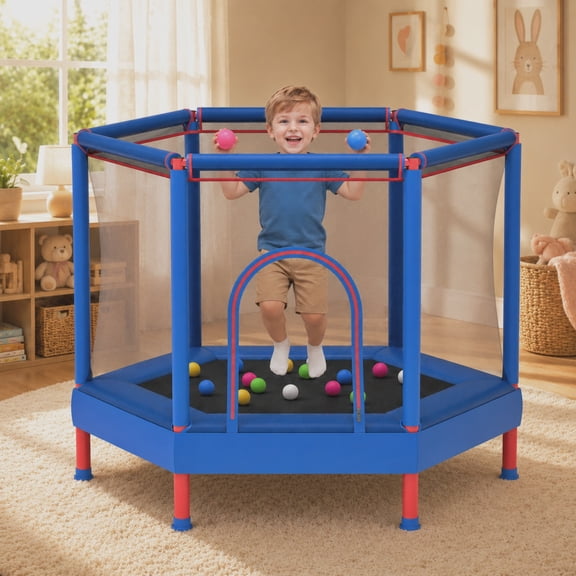 55" Toddler Trampoline with Safety Net, SHINPT Kids Trampoline for Toddlers with No Gap Design, Indoor Trampoline for Kids Room, Livingroom, Mini Trampoline for Kids 3-8, Best Gift with Ocean Balls