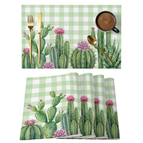 Summer Botanical Placemats Set of 6, Tropical Saguaro Opuntia Cactus Green Plaid Non-Slip Place Mats Washable Table Mats for Kitchen Dining Table Decorations Indoor/Outdoor