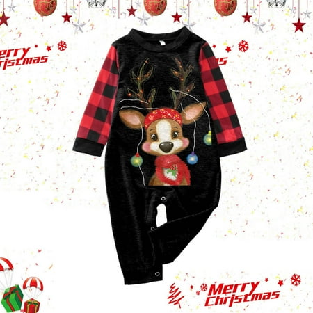 

CHUOU Christmas Family Matching Pajamas Cute Big Headed Deer Print Plaid Long Sleeve Tops And Pants Soft Suitable Holiday Sleepwear Baby