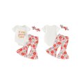thumbnail image 2 of vera natura Baby Girl Birthday Set Letter Print Short Sleeve Romper with Floral Flare Pants and Headband 3 Pcs Outfit, 2 of 9