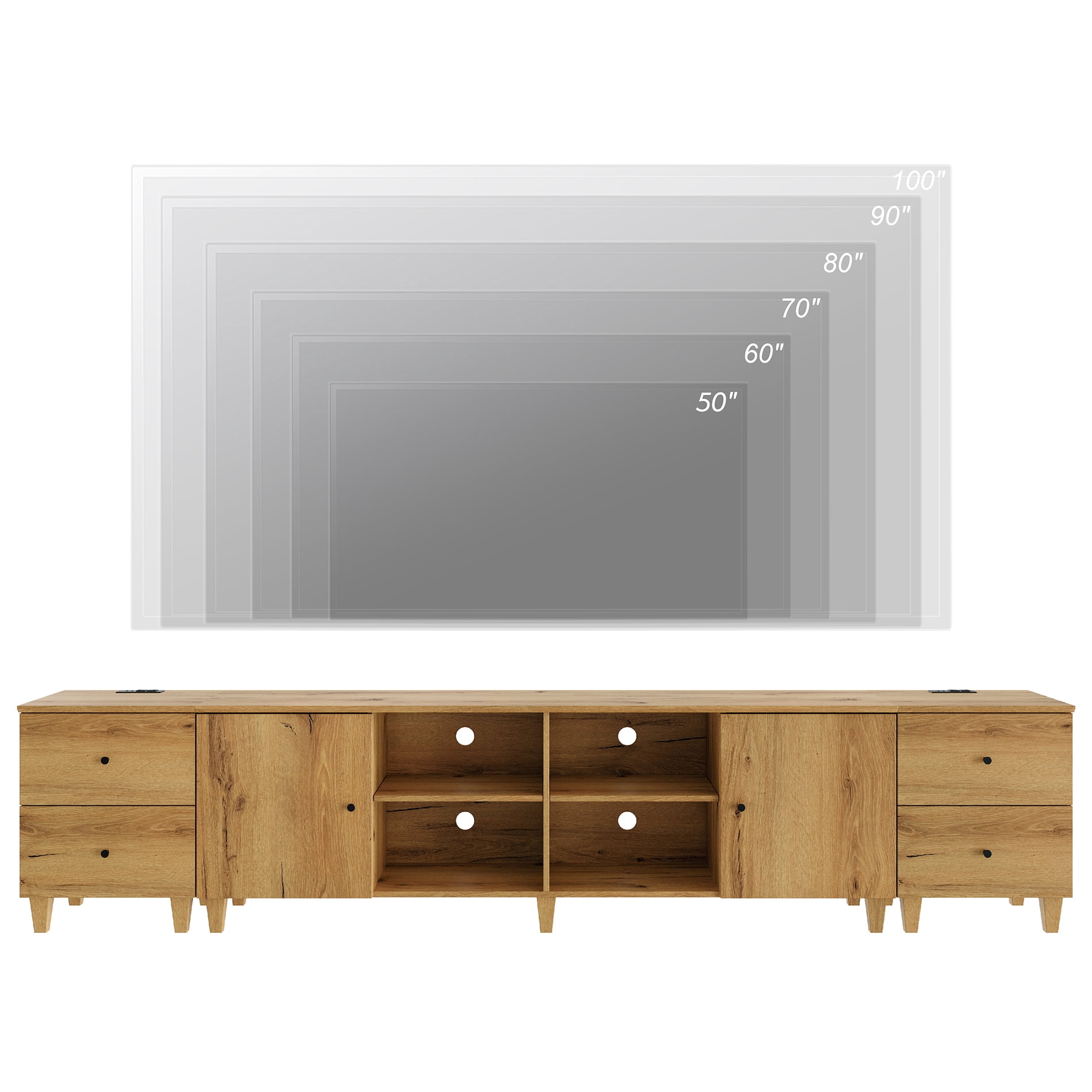 Extra Wide TV Stand with Charging Station, 106" Wide Modern Wood Media Console with Shelves and Drawers for 110+ inch TVs, Modular Design, Dark Brown