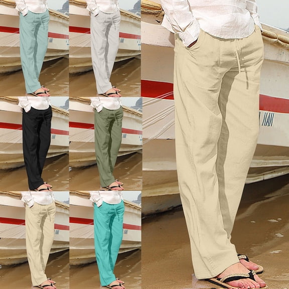 SGFCWSX Men's Straight Leg Pants with Pockets Drawstring Elastic Waist Solid Color Casual Trousers Khaki Size 2XL