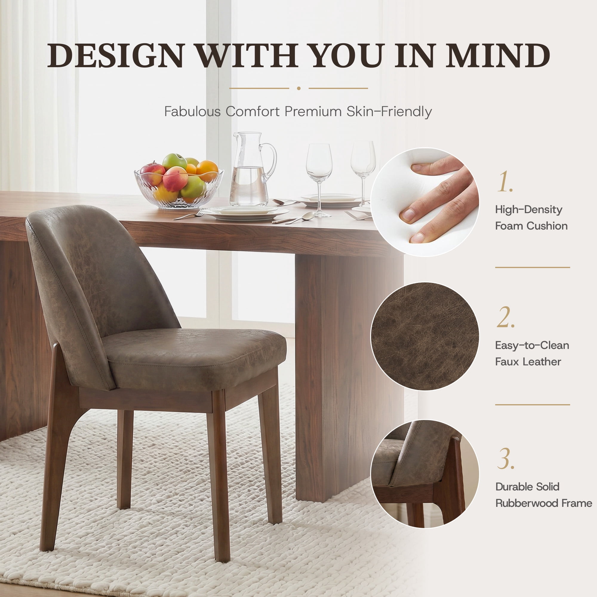 19.7" W Faux Leather Dining Chairs Set of 2, Modern Upholstered Kitchen Chairs with Solid Wood Legs, Easy Clean, Dark Brown