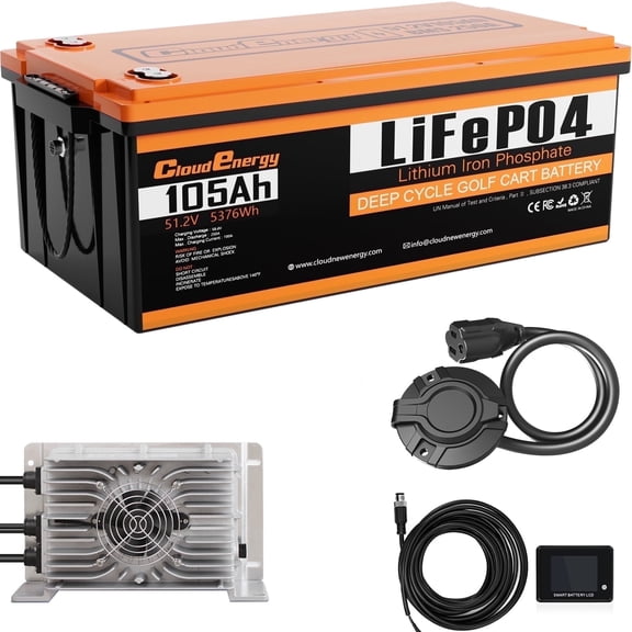 48V(51.2V) 105AH LiFePO4 Lithium Golf Cart Battery Built-in 250A BMS,3C Discharge,with 20A Charger,Mobile APP,Touch Monitor,6000  Cycles,Perfect for Golf Carts (GFA48V-105AH with Charger)