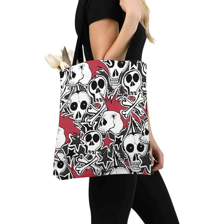 ASHLEIGH Canvas Bag Resuable Tote Grocery Shopping Bags Punk Patches  Collection of and Rock Music Badges and Symbols Such As Rose Skull Tote Bag  