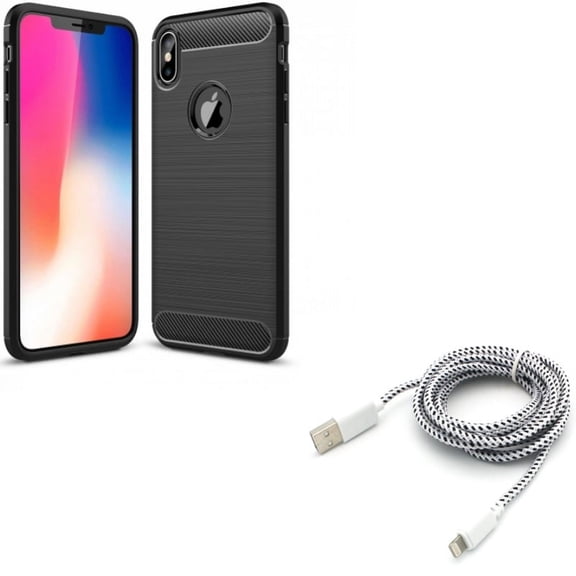 Charger Cord 6ft USB Cable w Carbon Fiber Case for iPhone XS Max - Power Wire Braided Long Sync and Slim Fit Cover Reinforced Bumper Shock Absorbent Black
