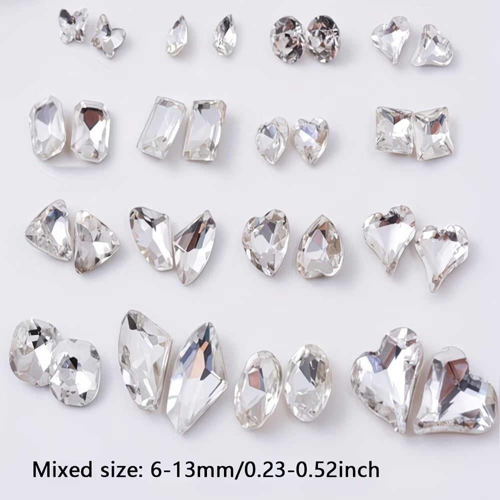 48 Pieces Big Size Mixed Different Shapes Nail Rhinestones, 16 Styles, 3D Glass Crystal Diamonds, Super Shiny Love Twisted Heart Shape Pendant Gemstones, DIY Nail Art Decoration Jewelry Craft (White)