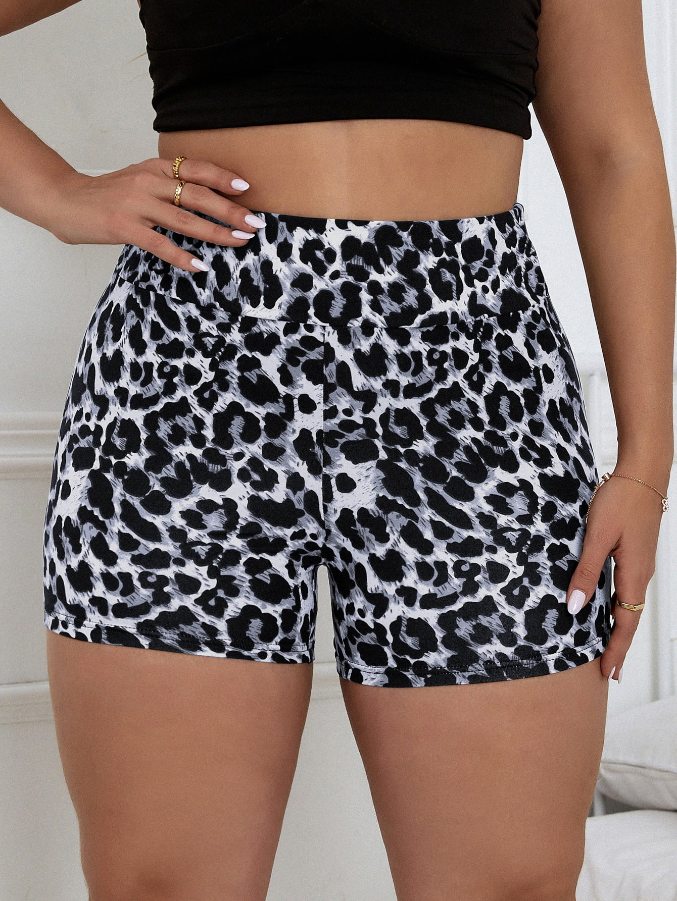 black and white leopard biker shorts
