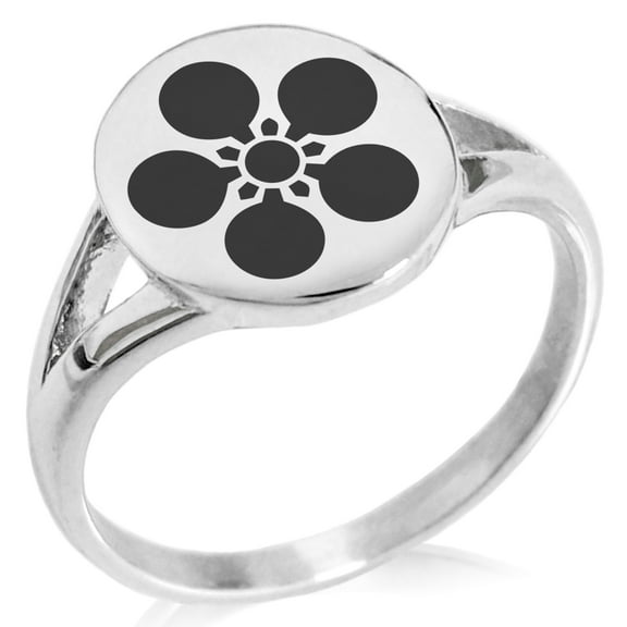 Stainless Steel Maeda Samurai Crest Minimalist Oval Top Polished Statement Signet Ring