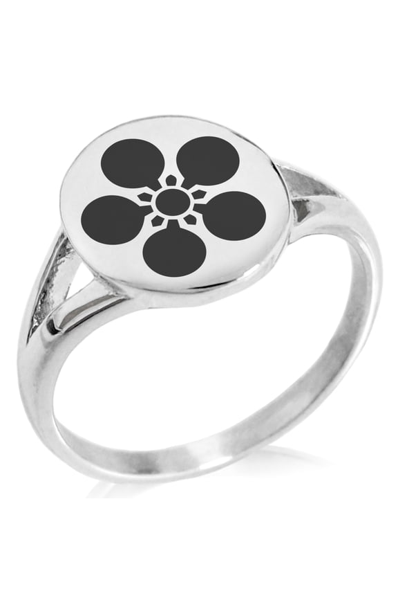 Stainless Steel Maeda Samurai Crest Minimalist Oval Top Polished Statement Signet Ring