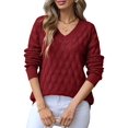 thumbnail image 3 of Women'S V Neck Hollowed Out Sweater Long Sleeve Knit Pullover Sweater Red L, 3 of 9
