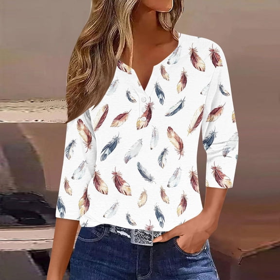 Blouse for Women V Neck Three Quarter Sleeve Casual Classic Fit Ditsy Floral Print Henley Button Detail Soft Lightweight Tops
