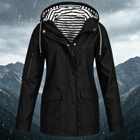Womens Long Raincoat Waterproof Drawstring Hooded Coats Lightweight Windbreaker Travel Jacket Black XXXL