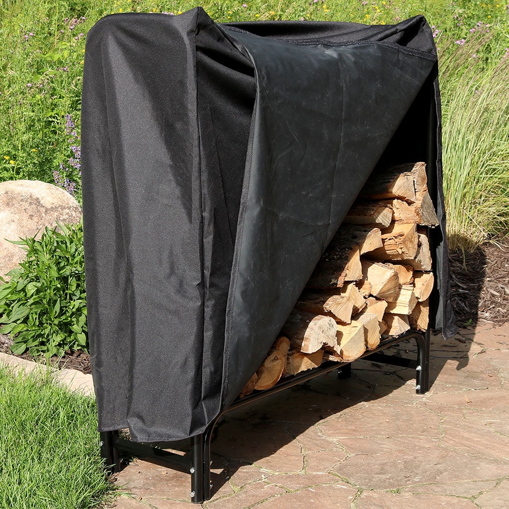Sunnydaze Firewood Storage Log Rack with Black Cover Outdoor Black