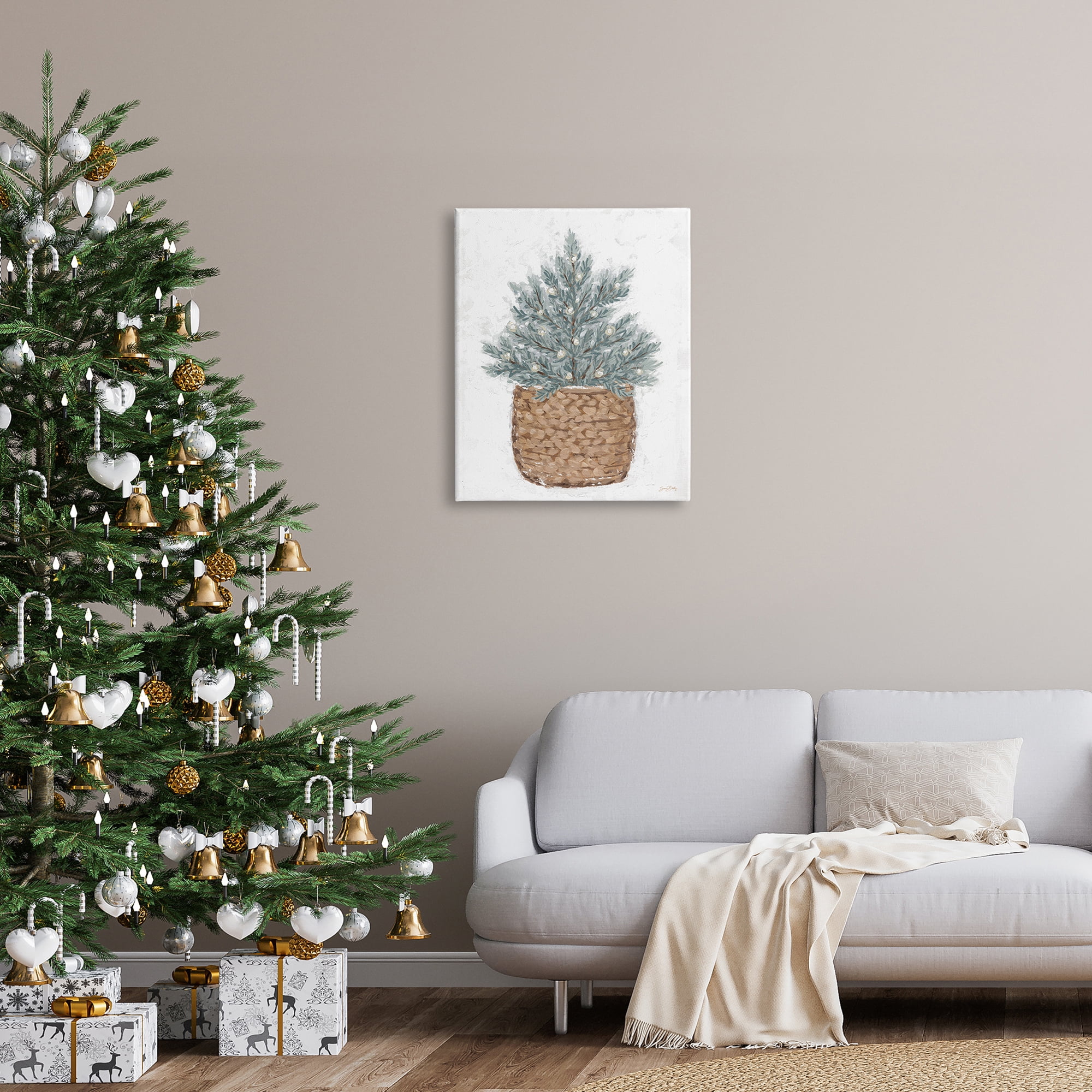 Peaceful Holiday Fir Tree Woven Planter Basket Botanical & Floral Painting Gallery-Wrapped Canvas Print Wall Art