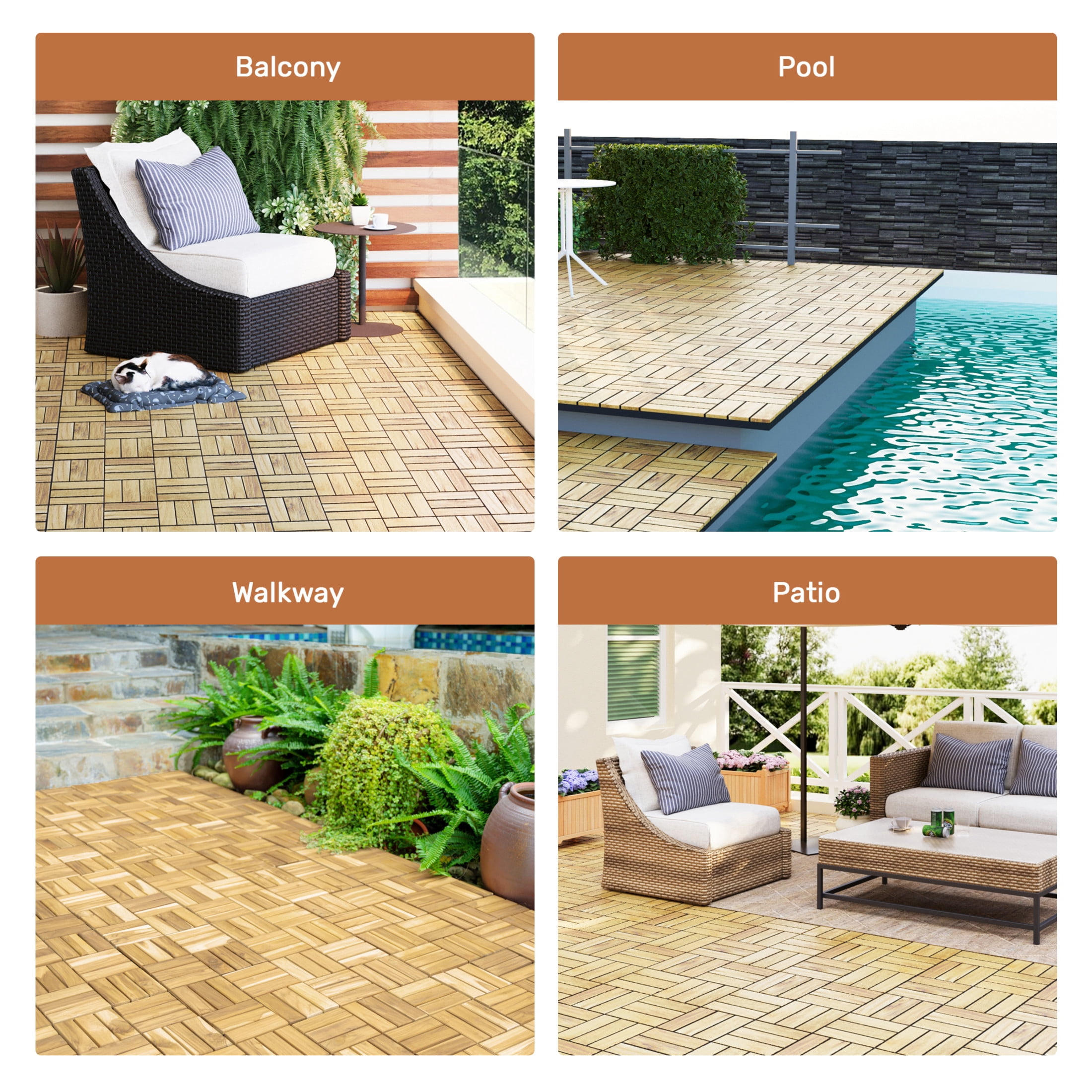 Noble House 12" Checker Acacia Wood Interlocking Deck Tiles, All-Weather Hardwood Patio Flooring, Yellow, 30 PCS