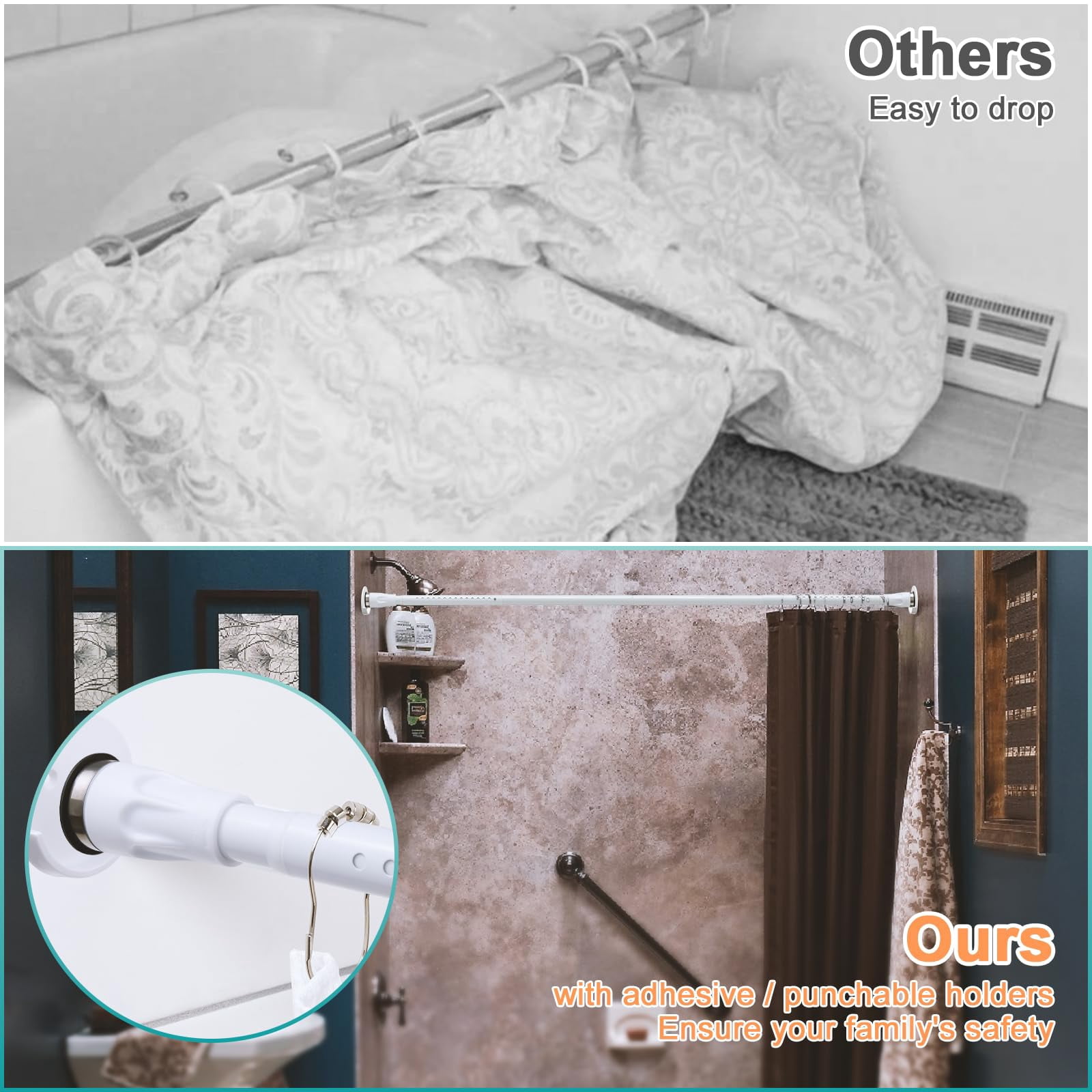 LCOKEIY Tension Shower Curtain Rod, 42-72 inch Adjustable Shower Curtain Rod No Drilling for Bathroom Closet, White