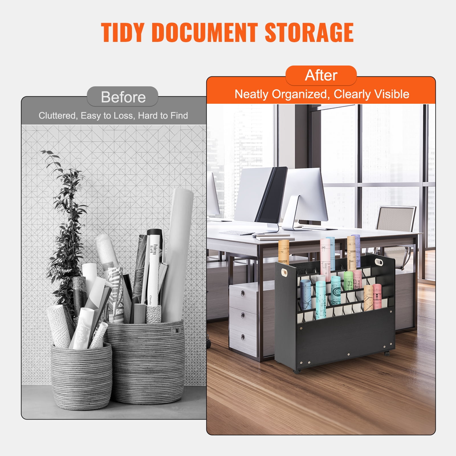 VEVOR Blueprint Storage Rack, 50 Slots Mobile Blueprint Storage Cabinet,Wooden Roll File Organizer Cart for Construction Plan Map Poster Architectural, Blueprint File Holder for Home, Office, School