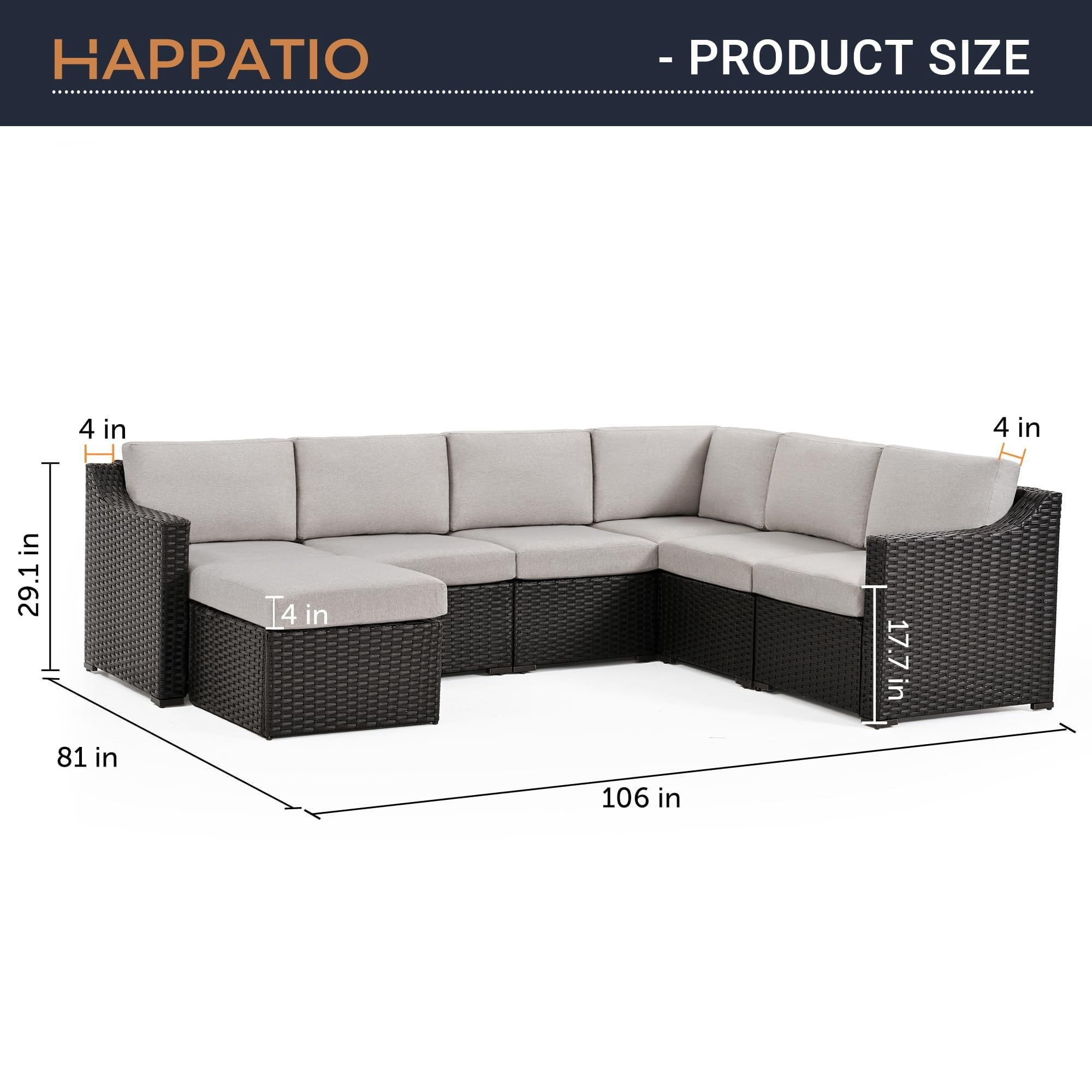 7 Piece Patio Conversation Set, Outdoor Rattan Wicker Sectional Sofa, All-Weather Modular Patio Furniture Set with Cushions for Backyard, Balcony, Porch (Brown/Gray)