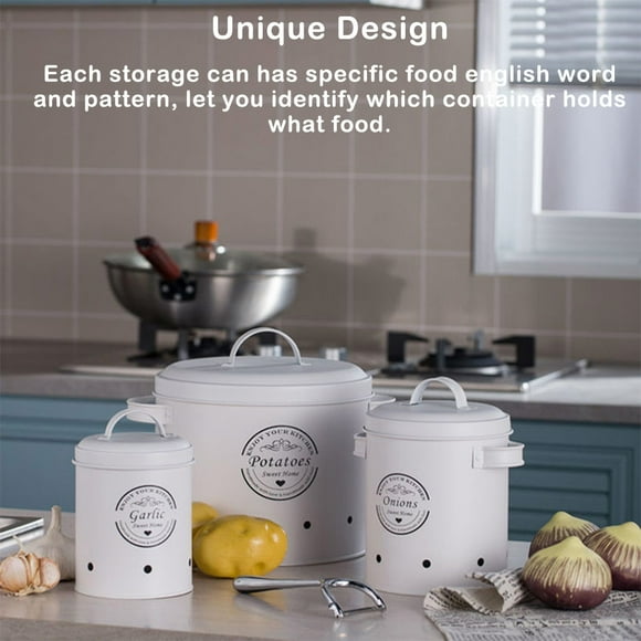 Pack of 3 Potato Bin Carbon Steel Kitchen Canister Pieces Kitchen Garlic Containers with Lid Potatoes Countertop Organizer Restaurant Type A
