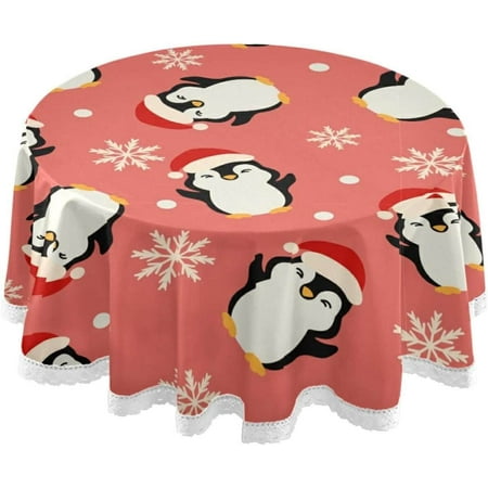SKYSONIC Penguin Snowflake Tablecloth Christmas Hat Round Tablecloths Polyester Tablecover Cloths Washable Tabletop Runner Kitchen Party Picnic Dining Home Decor 60inch