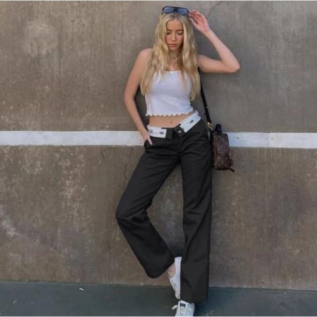 Sunloudy Mujer Pantalones casuales de cintura baja Bloque de color Impreso Cremallera Pantalones deportivos con bolsillos Sunloudy moda