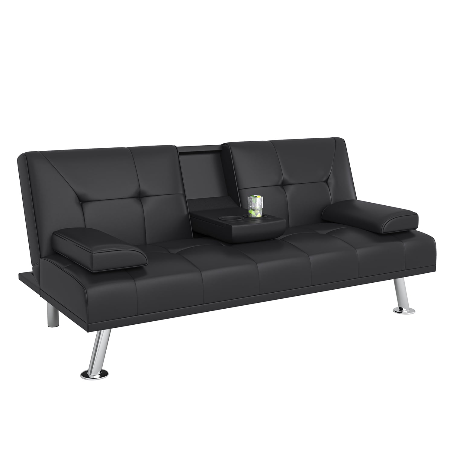 Kadyn Modern Faux Leather Futon Sofa Bed, Convertible Folding Sofa Couch with Cupholders and Pillows, Loveseat for Home, Living Room, Apartment, Black
