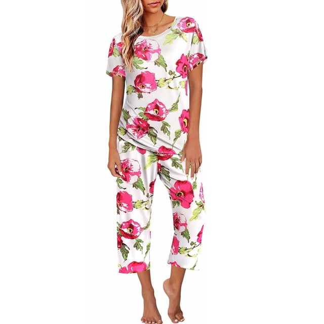 Ensembles de Pyjama pour Femmes Pyjamas pour Femmes Manches Courtes Vêtements de Nuit Hauts et Pantalons Capri Ensembles de Pyjama Imprimés avec Poches Ensemble de Pyjama L