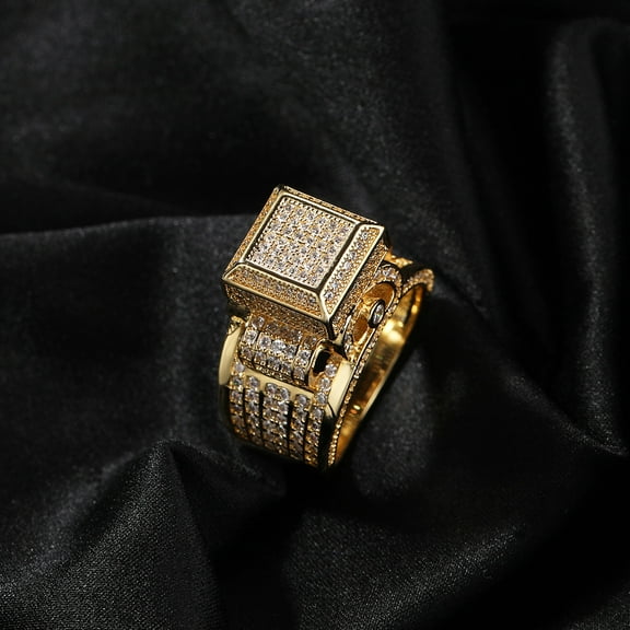 Hip Hop Square Full Zircon Luxury 14K Yellow Gold Rings for Men Women Friends Couple Gift Fashion Jewelry