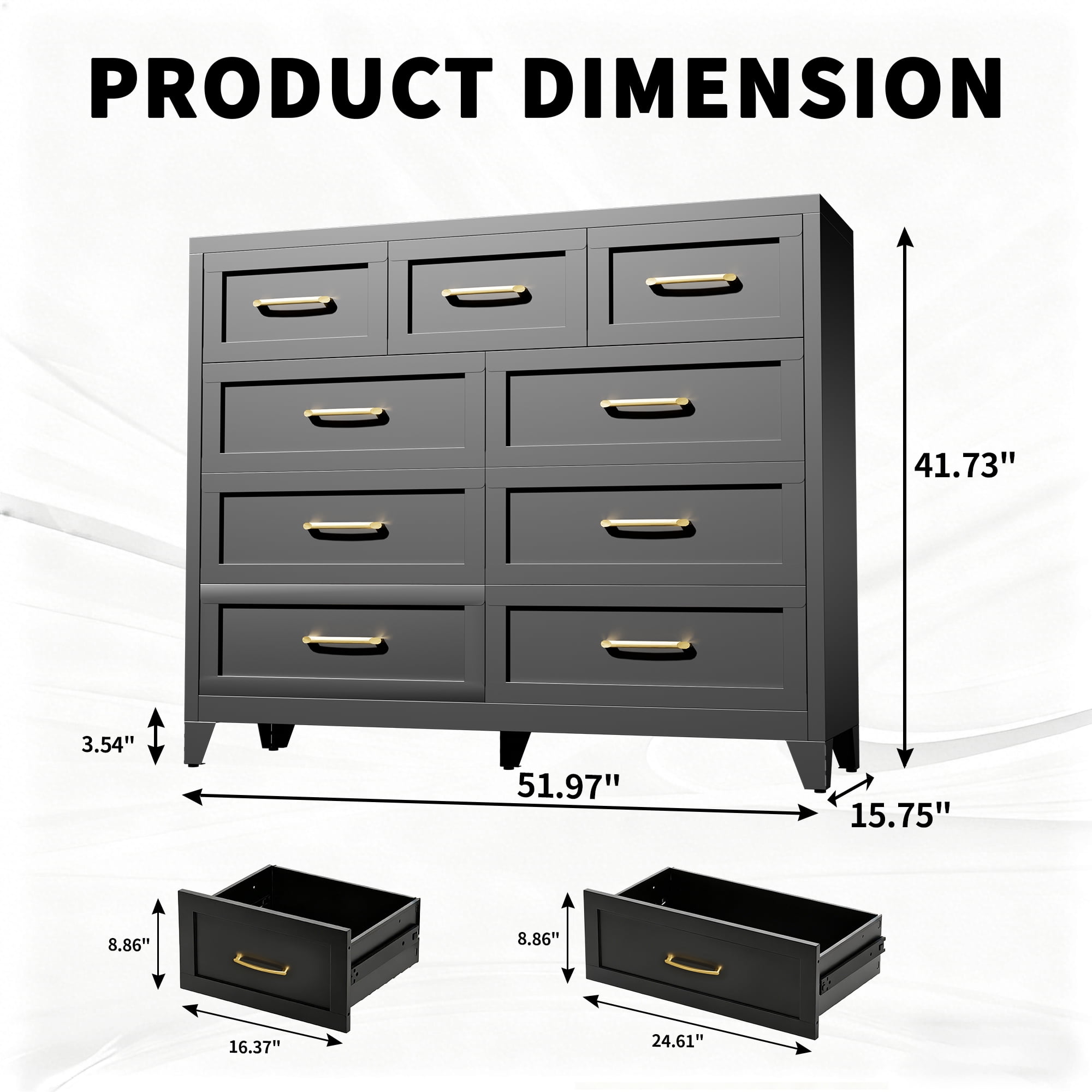 ShiKeyi 9 Drawer Dresser for Bedroom, Modern Metal Wide Storage Chest with Metal Handles and Legs, Black