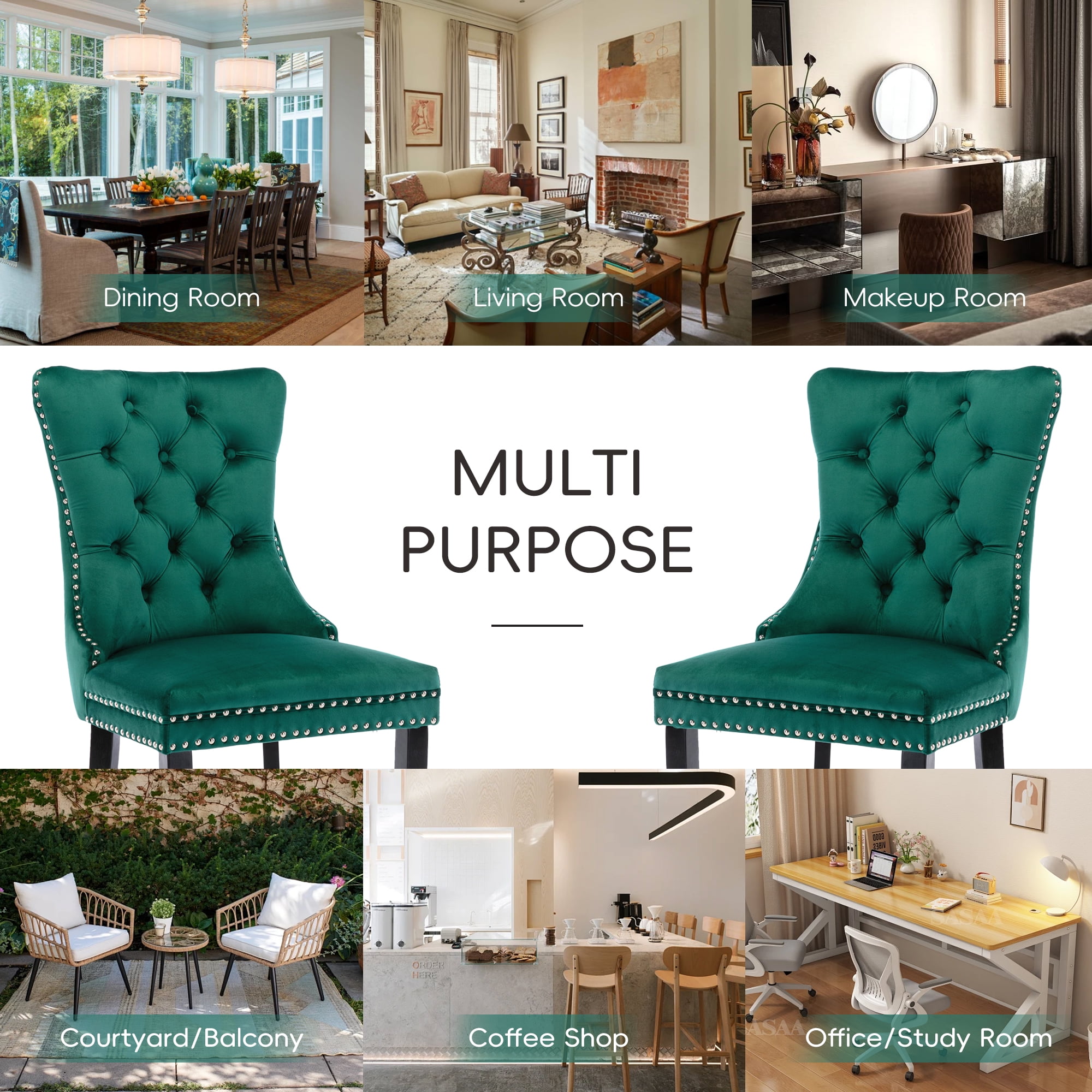 DONICK Velvet Upholstered Dining Chairs , Kitchen & Dining Room Chairs, Nailheads Tufted, Soft, Solid Wood Frame (Green, Set of 4)