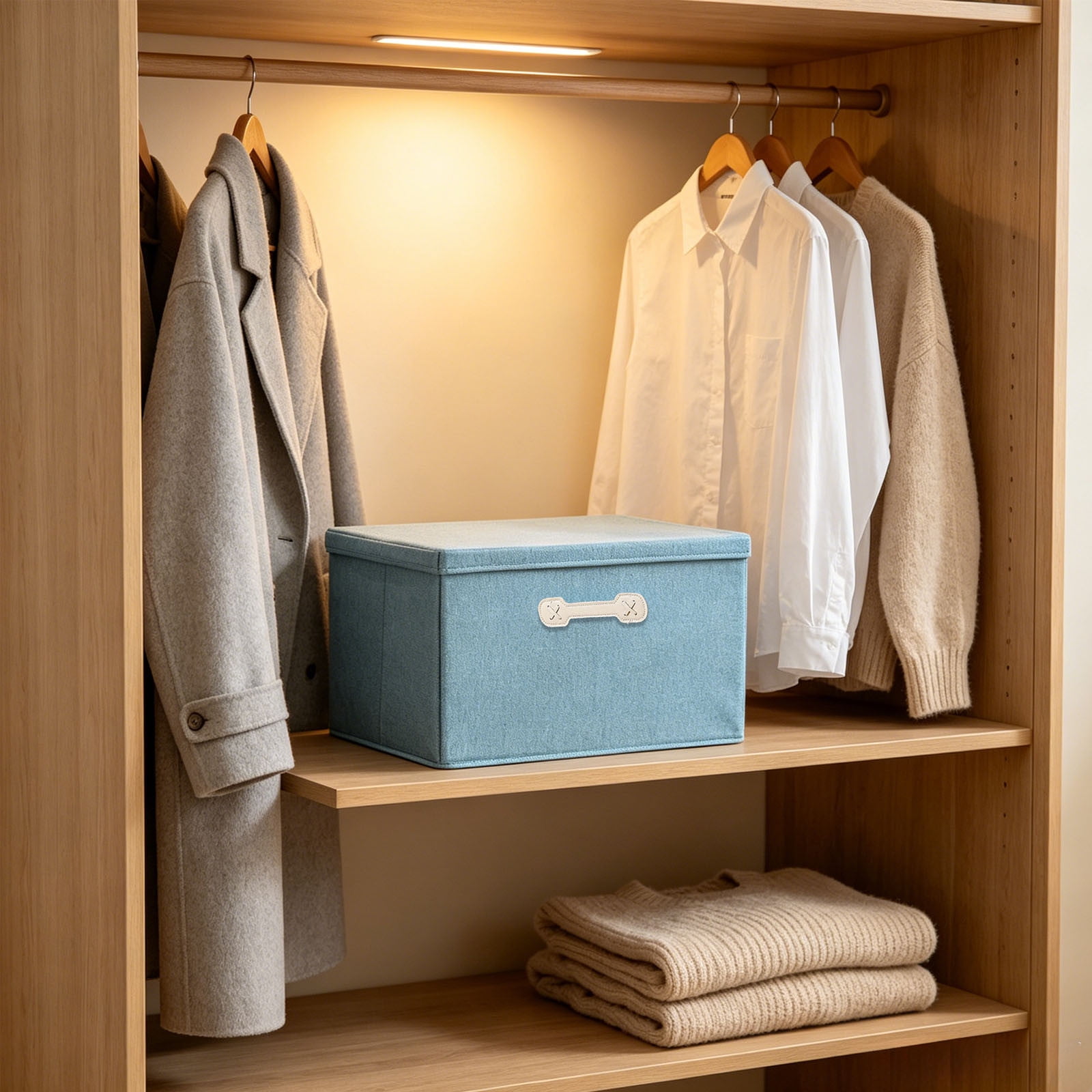 Linen Fabric Storage Box with Lid Foldable Organizer Bin with Handles Stackable Storage Basket for Clothes Blankets Towels Closet Bedroom Dorm Home Organization
