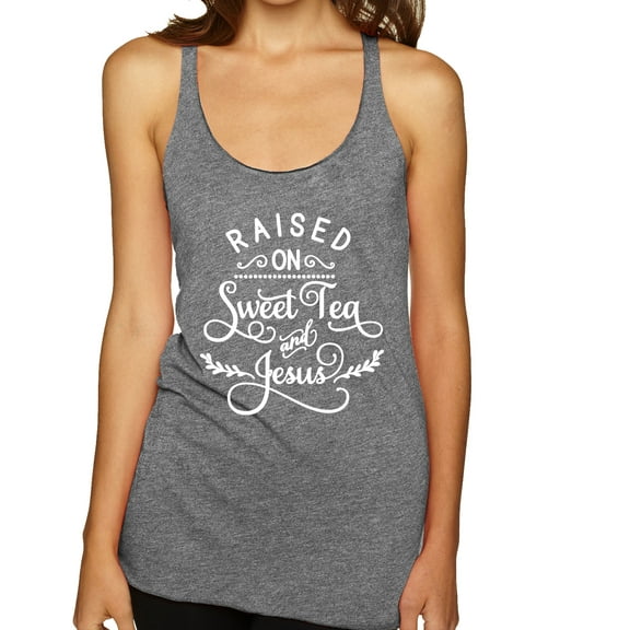 Wild Bobby Raised on Sweet Tea and Jesus Inspirational/Christian Women Tri-Blend Racerback Tank Top, Premium Heather, Small