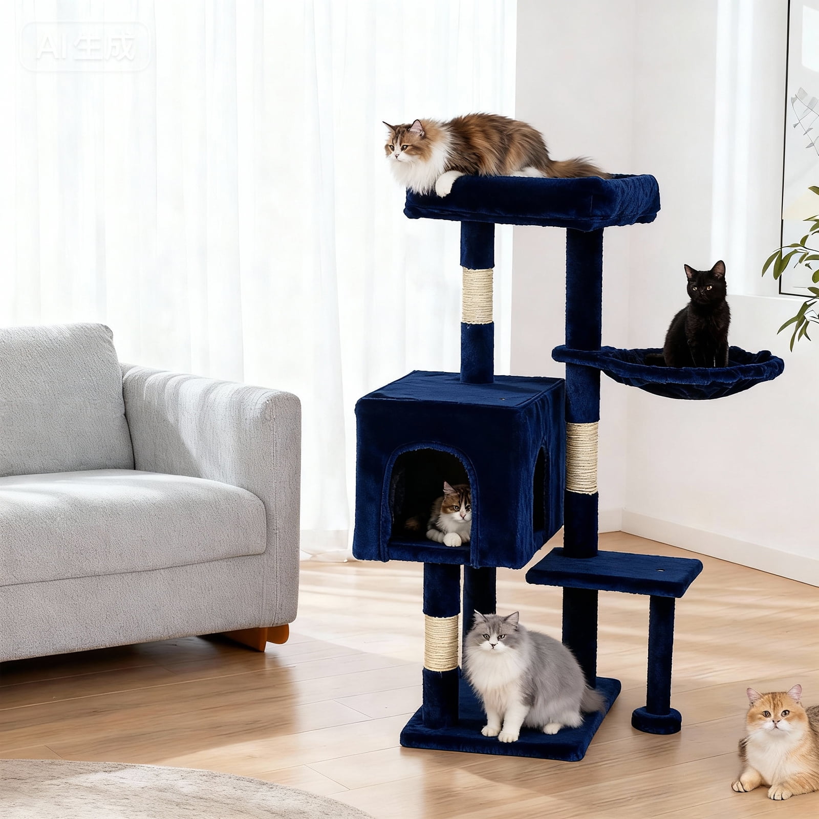 CL.HPAHKL Cat Tree, 36 inch Small Cat Tower with Scratching Post & Funny Toy for Indoor Cats, Cat Condo Furniture Activity Center for Kittens, Navy Blue