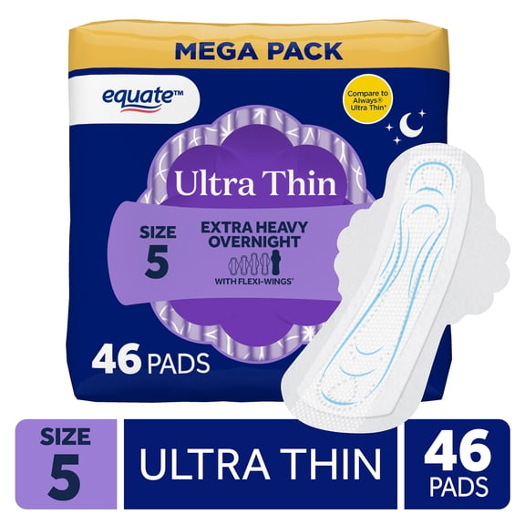 Equate Overnight Ultra Thin Pads with Flexi-Wings, Extra Heavy Overnight Absorbency, Size 5, 46 Count