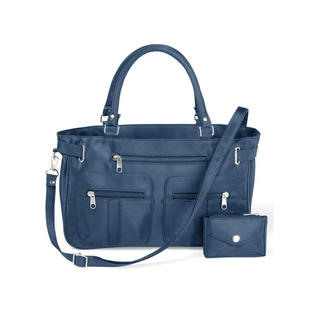 Bolso de mano de microfibra con 6 bolsillos y cremallera, color azul marino, de Collections Etc.