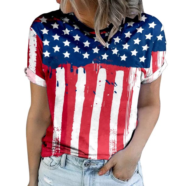 Blusa de manga corta informal con estampado de día de la independencia de cuello redondo de verano para mujer Fridja hjk5465