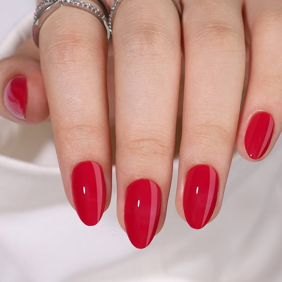 Curvlife short almond False Nails solid red glossy shiny for winter Easy Apply Nail Art
