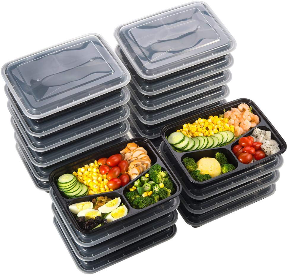 20 Pack Bento Box EZ Prepa 32oz 3 Compartment Meal Prep Containers with Lids 