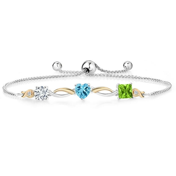 Gem Stone King 925 Silver and 10K Yellow Gold Swiss Blue Topaz Green Peridot and Lab Grown Diamond Tennis Bracelet for Women By Keren Hanan (2.18 cttw, Adjustable up To 9 inch)