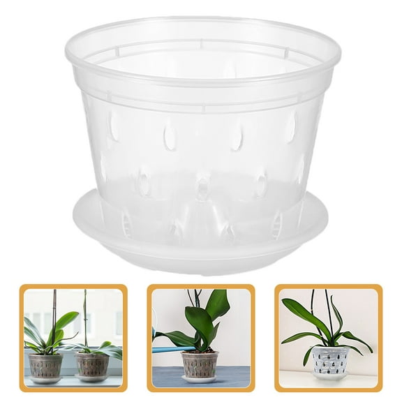 WHAMVOX 5 Sets of Clear Plastic Orchid Pot Breathable Orchid Planter with Tray Plastic Reusable Orchid Planting Pot