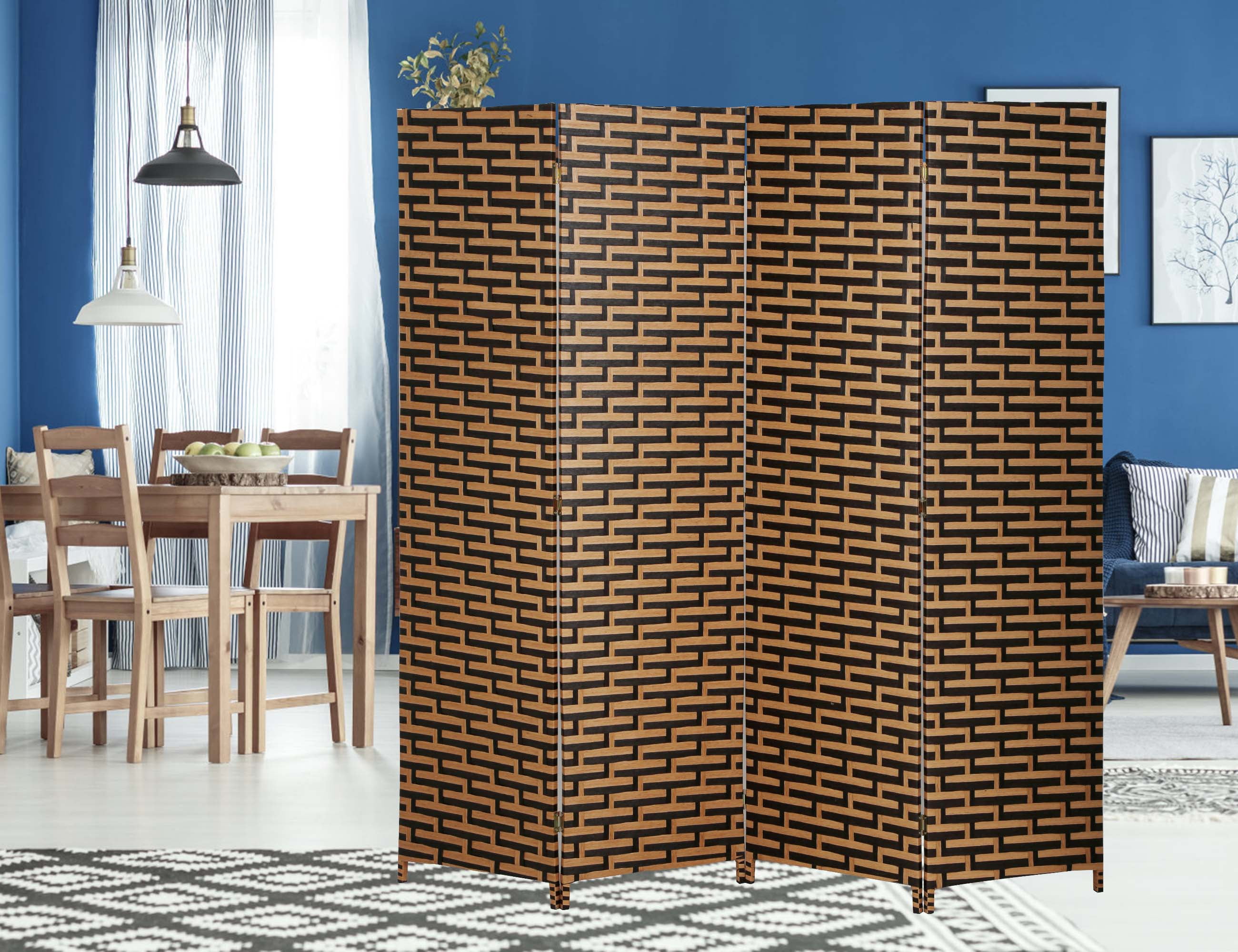 Folding Room Screen Dividers with 4 Panelst Wood Mesh Woven Design