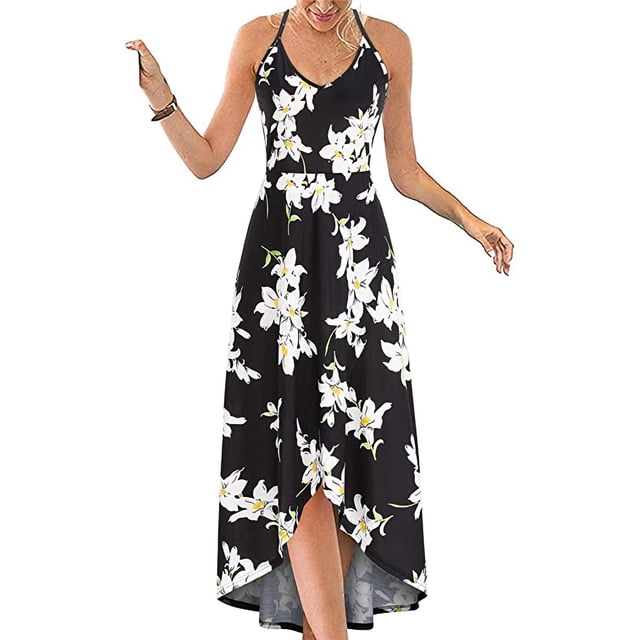 SMihono Robe Maxi Bohème d'Été pour Femmes Grande Taille Robe Maxi Asymétrique pour Femmes Décontractée à Col en V d'Été à Fleurs Sans Manches Robes de Plage Évasées Robe d'Été